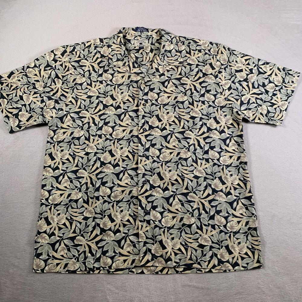 Cutter & Buck Floral Leaf Shirt Mens Large Linen Cotton Hawaiian Camp Aloha VTG